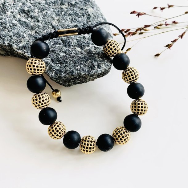 Knyttet armbnd naturlige sten 10mm Sort Onyx / Guld I MillaVanilla
