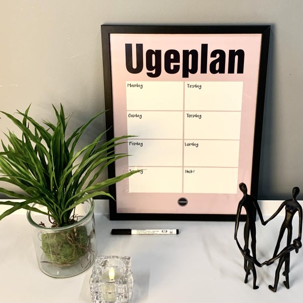 Ugeplan plakat i sort ramme inkl. tusch - rosa 30x40cm