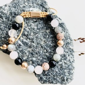 Knyttet armbånd naturlige sten 10mm Sort/Rosa/Grå I MillaVanilla