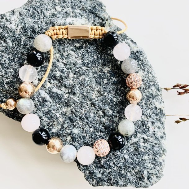 Knyttet armbnd naturlige sten 10mm Sort/Rosa/Gr I MillaVanilla